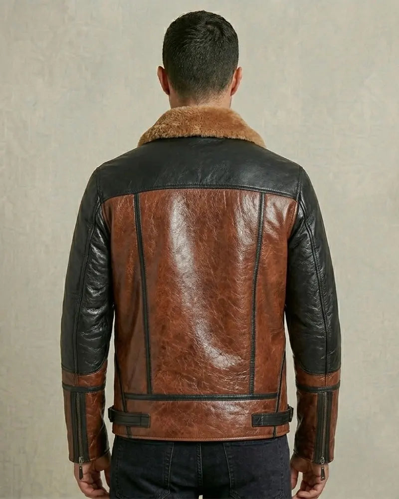 Sowachi Men's  Flight Aviator Real Sheepskin Fur Collar Leather Jacket