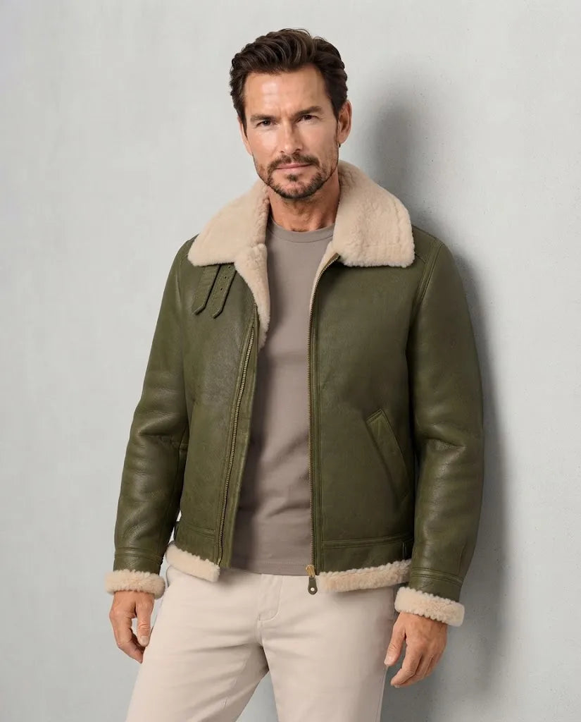 Sowachi Men's Green Aviator B3 Bomber Leather Jacket