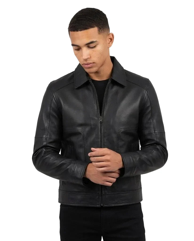 Sowachi Men's Harrington Vintage Black Leather Jacket