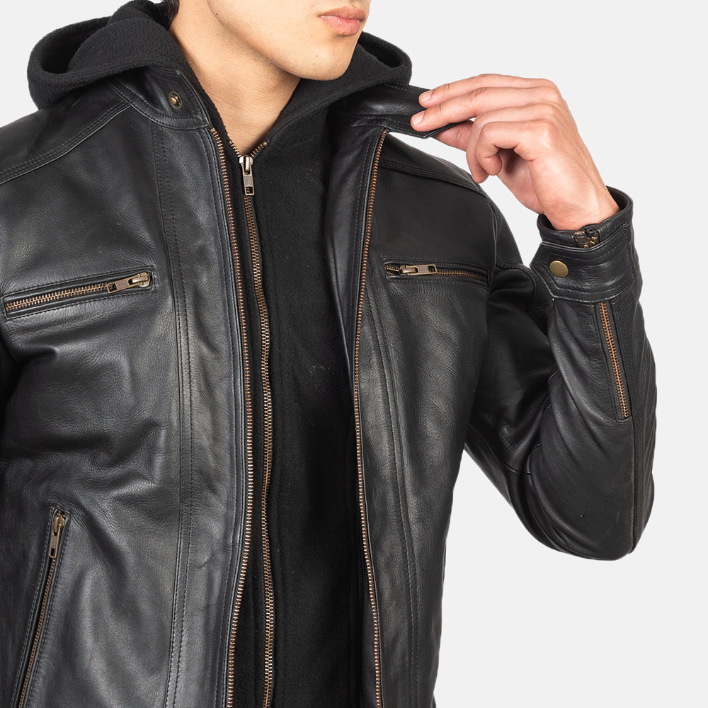 Sowachi Hector Black Hooded Leather Biker Jacket