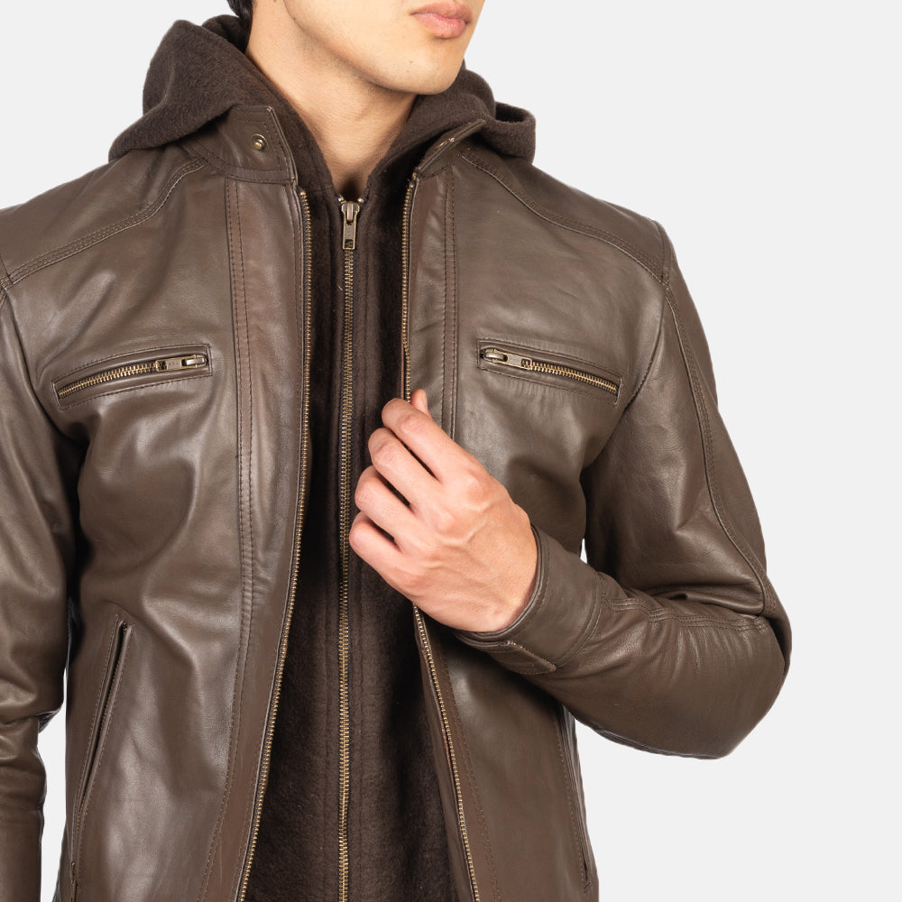 Sowachi  Hector Brown Hooded Leather Biker Jacket