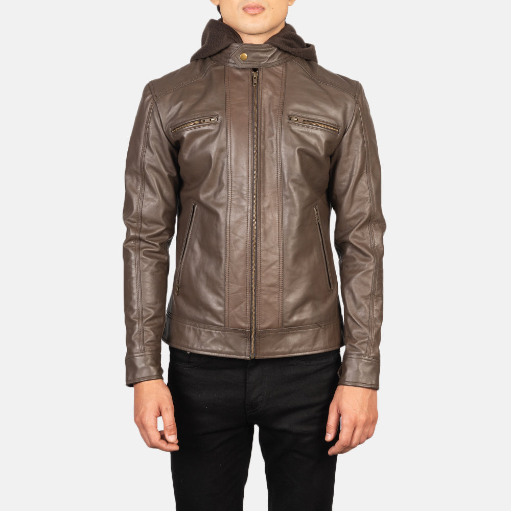 Sowachi  Hector Brown Hooded Leather Biker Jacket