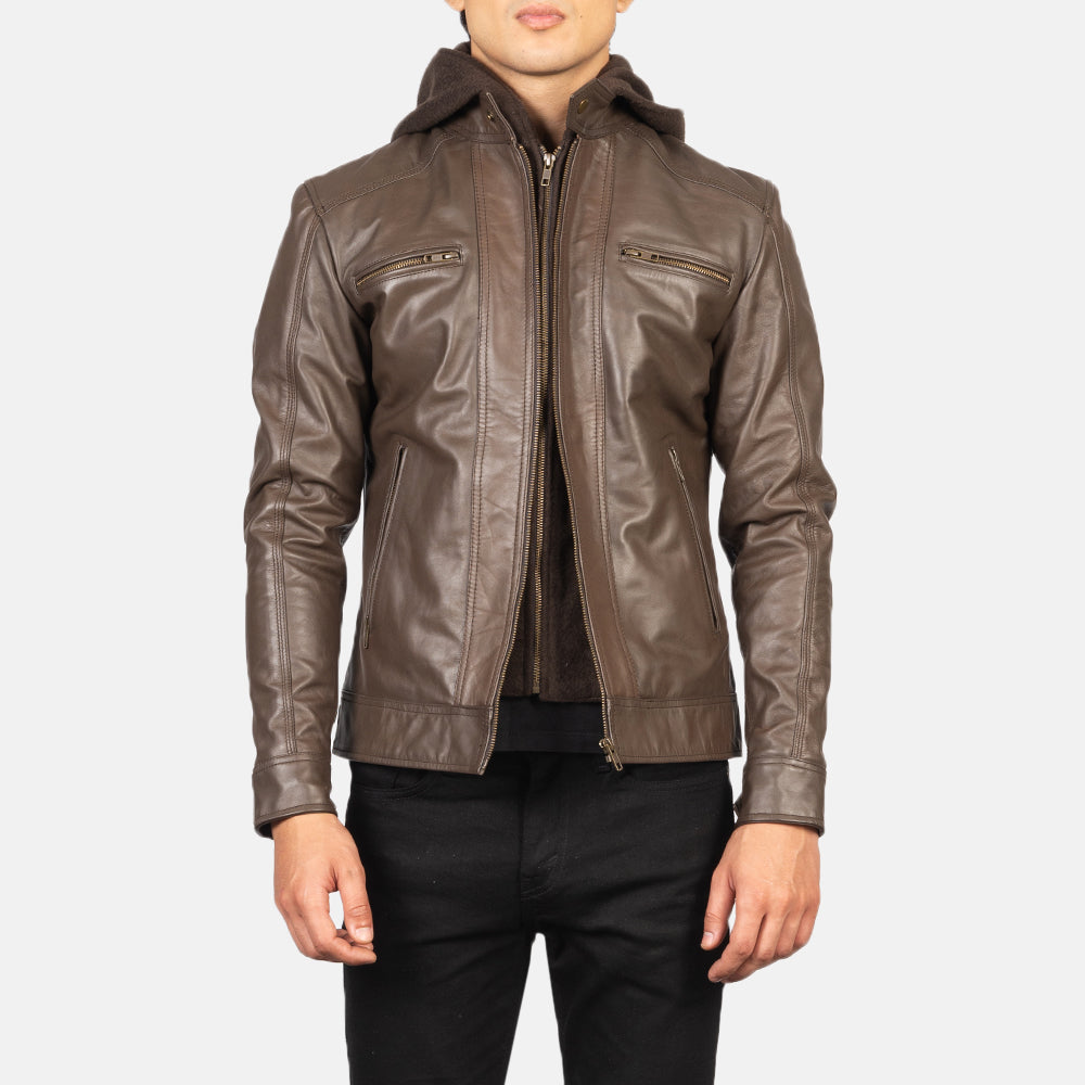 Sowachi  Hector Brown Hooded Leather Biker Jacket