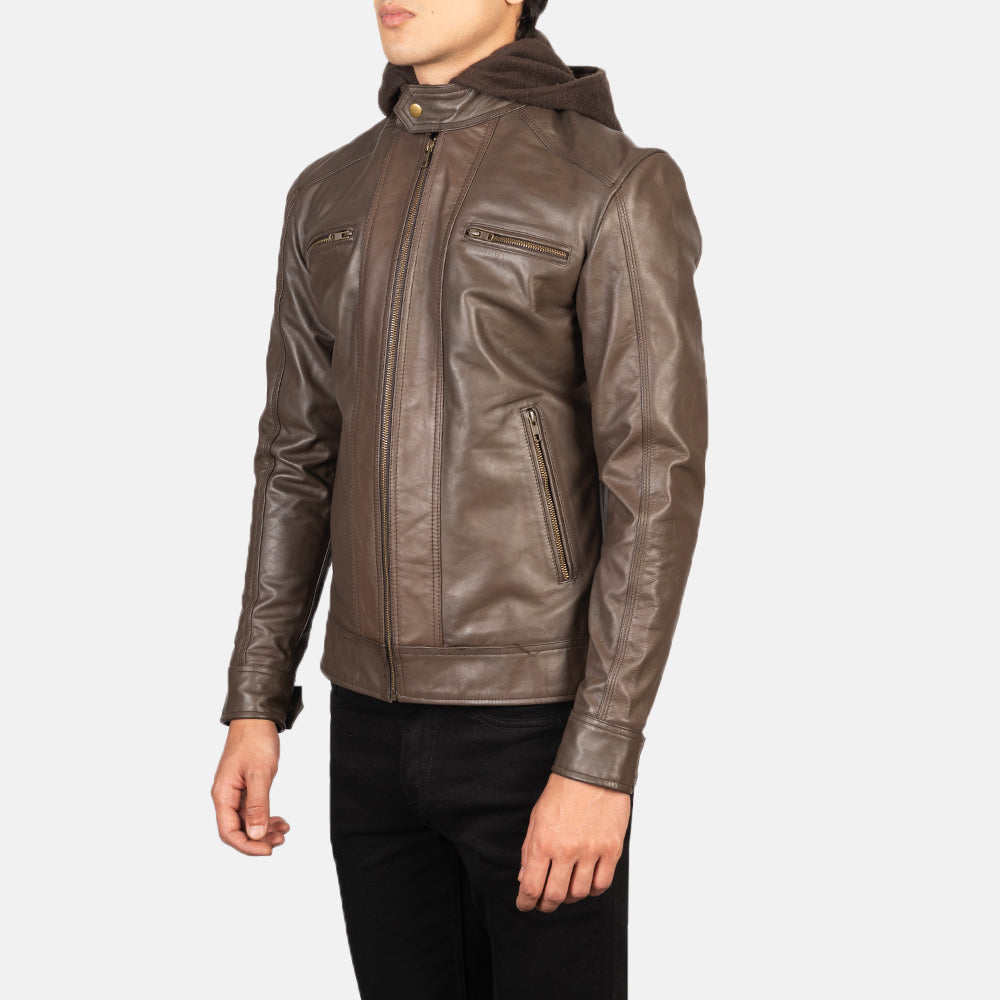Sowachi  Hector Brown Hooded Leather Biker Jacket