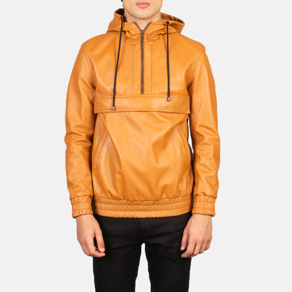 Sowachi Kenton Hooded Brown Leather Pullover Jacket