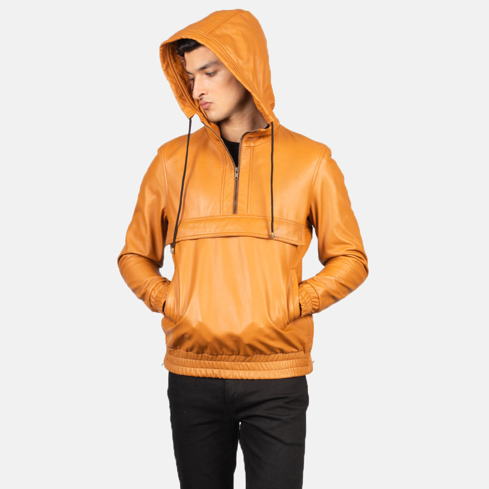 Sowachi Kenton Hooded Brown Leather Pullover Jacket