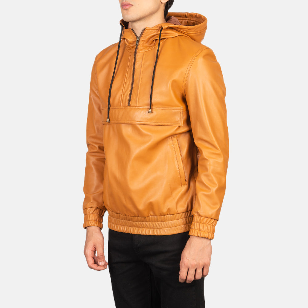 Sowachi Kenton Hooded Brown Leather Pullover Jacket