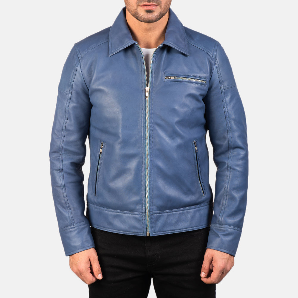 Sowachi Lavendard Blue Leather Biker Jacket