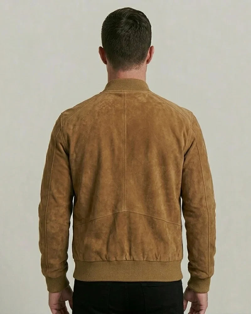 Sowachi Men's Light Brown Suede Leather Bomber Jacket