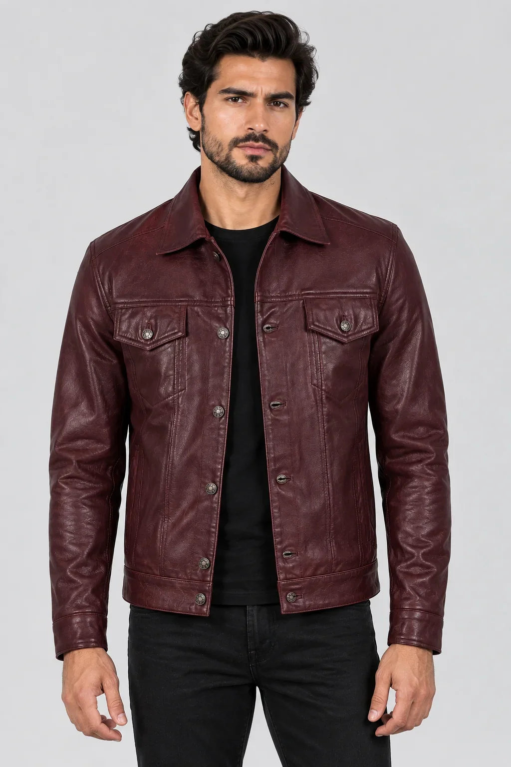 Sowachi Men's Maroon Sheepskin Leather Trucker Jacket