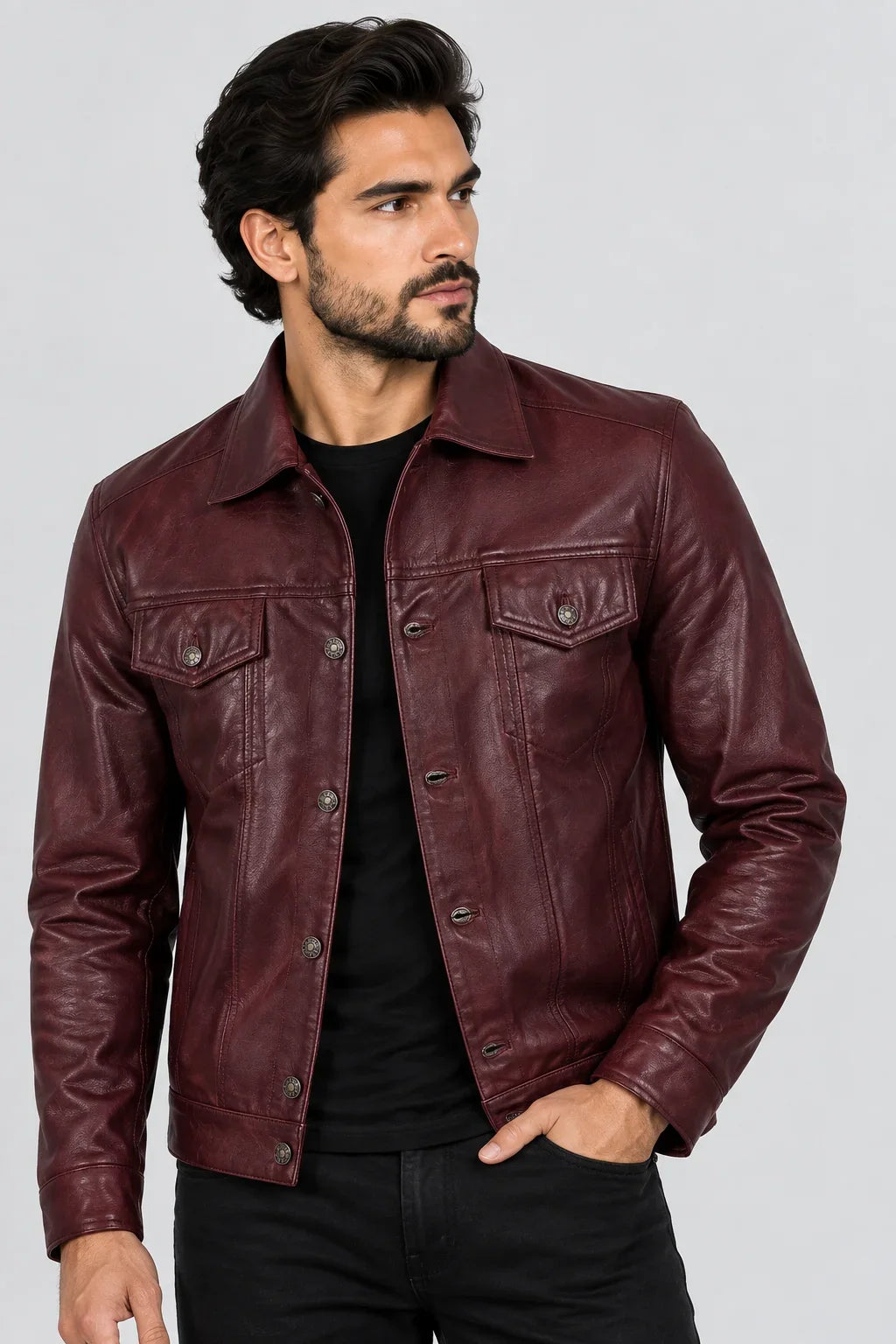 Sowachi Men's Maroon Sheepskin Leather Trucker Jacket