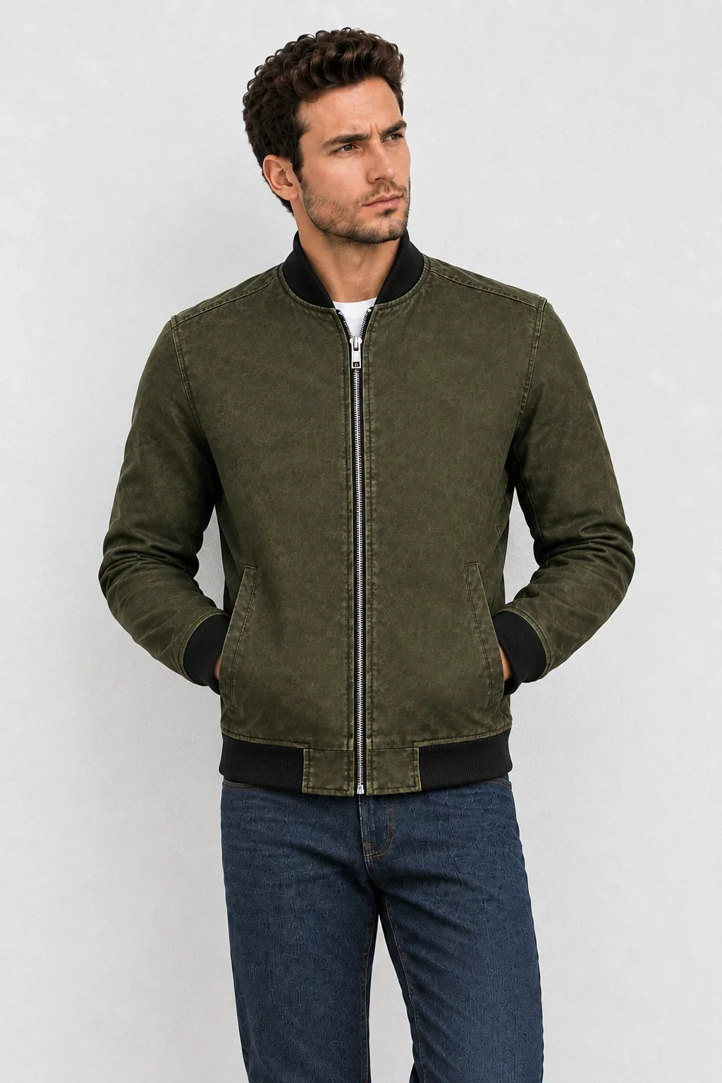 Sowachi Men's Olive Green Suede Leather Classic Bomber Jacket