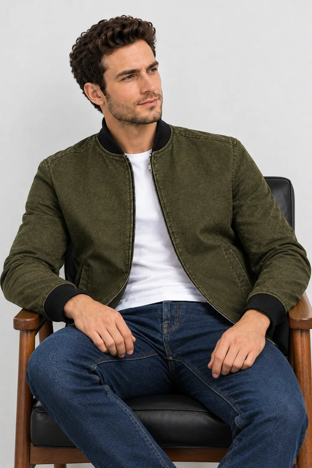 Sowachi Men's Olive Green Suede Leather Classic Bomber Jacket