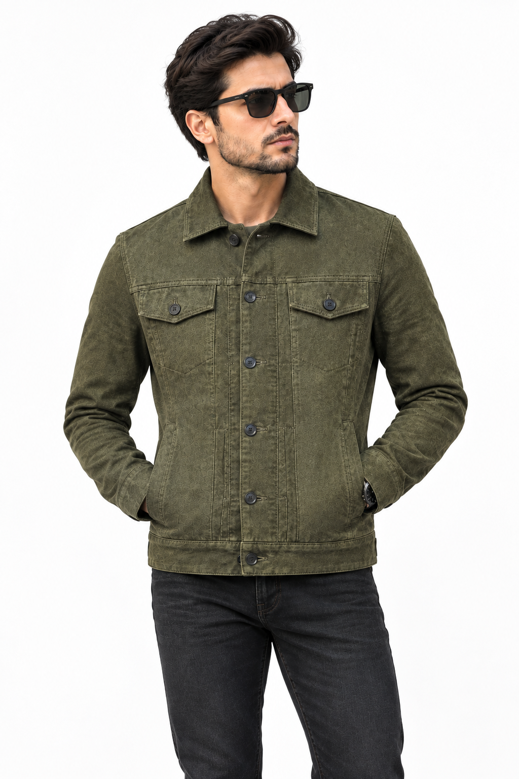 Sowachi  Men's Olive Green Suede Leather Trucker Jacket