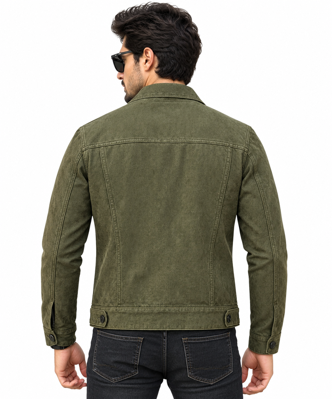 Sowachi  Men's Olive Green Suede Leather Trucker Jacket