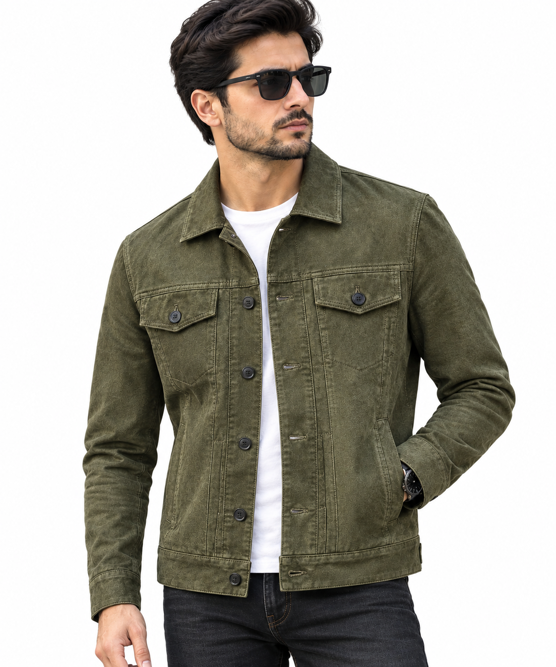 Sowachi  Men's Olive Green Suede Leather Trucker Jacket
