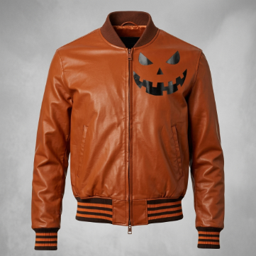 Sowachi Men's Orange Halloween Pumpkin Leather Bomber Jacket