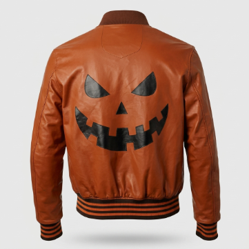 Sowachi Men's Orange Halloween Pumpkin Leather Bomber Jacket