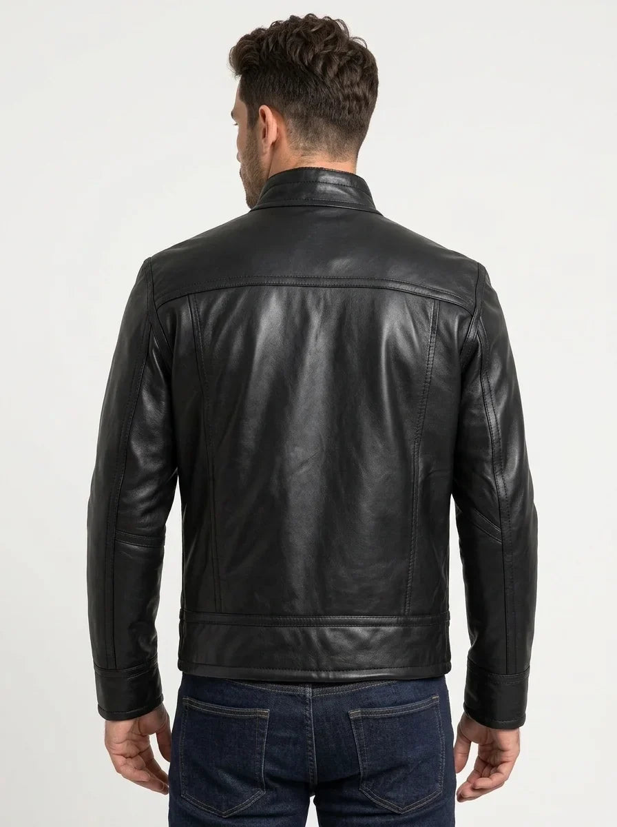 Sowachi Men's Premium Black Cafe Racer Leather Jacket with Fur Lining