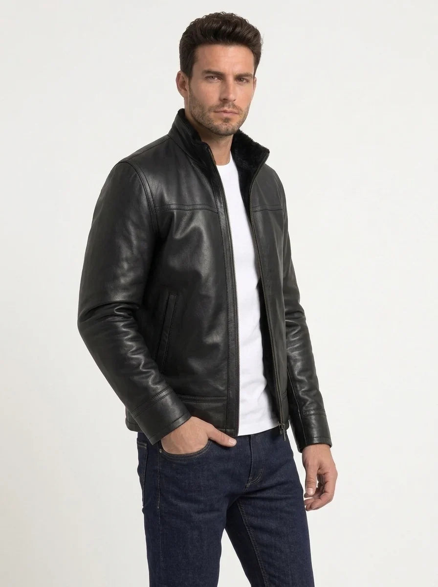 Sowachi Men's Premium Black Cafe Racer Leather Jacket with Fur Lining