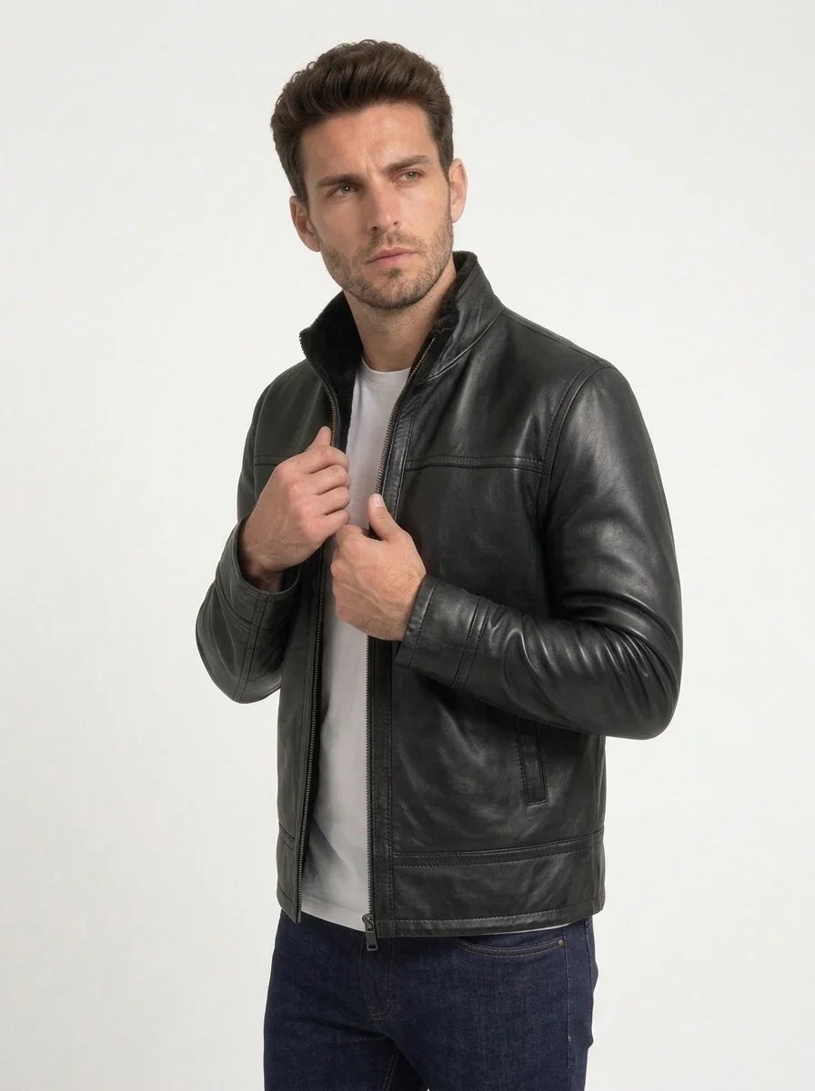 Sowachi Men's Premium Black Cafe Racer Leather Jacket with Fur Lining