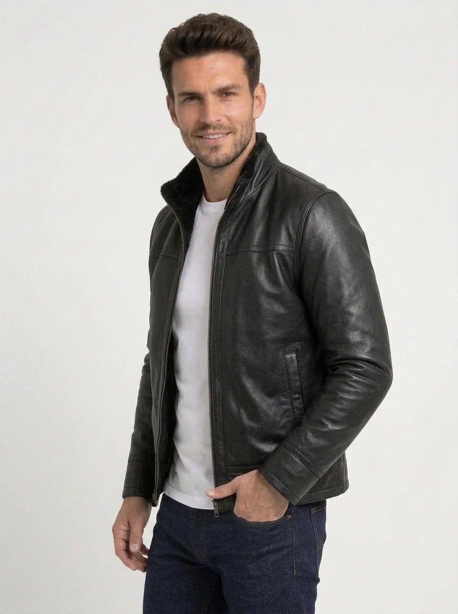 Sowachi Men's Premium Black Cafe Racer Leather Jacket with Fur Lining