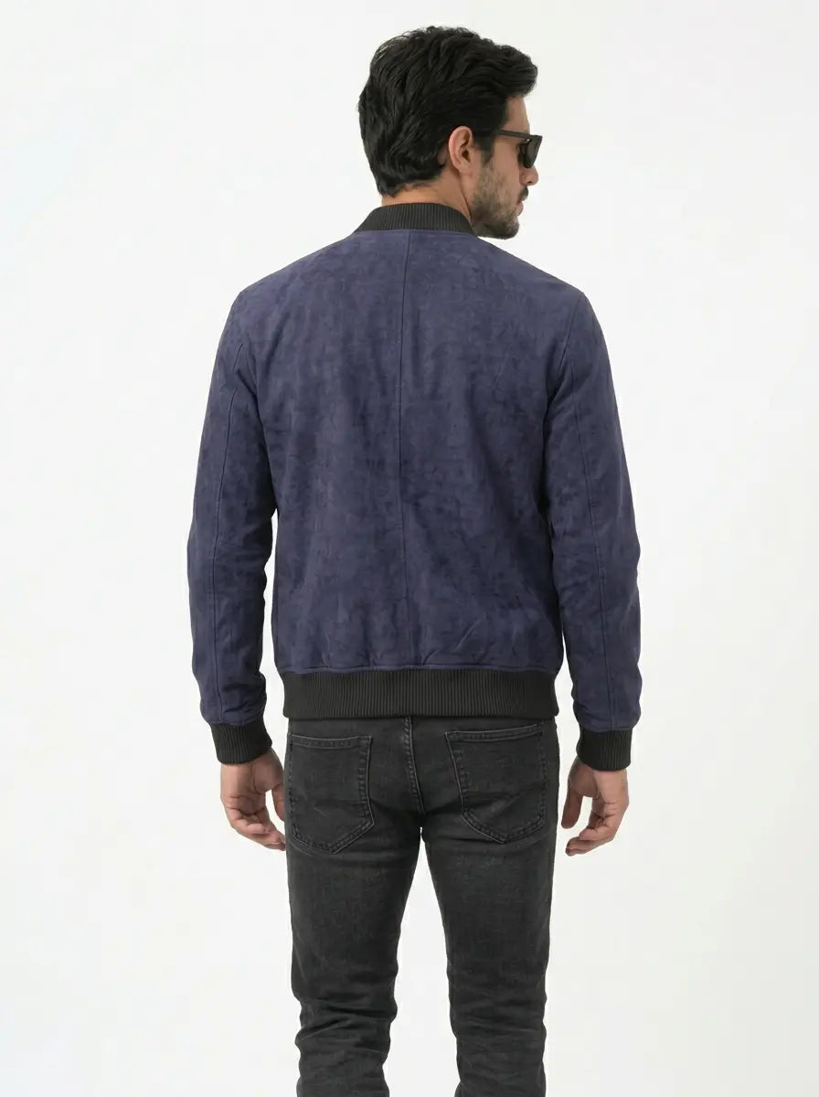 Sowachi Men's Shane Blue Suede Leather Bomber Jacket