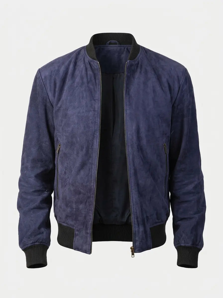 Sowachi Men's Shane Blue Suede Leather Bomber Jacket