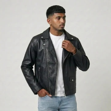 Sowachi Men's Sheepskin Black Biker Style Leather Jacket