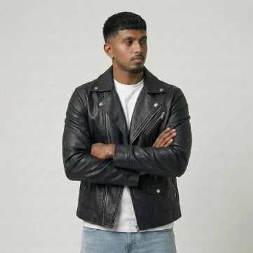 Sowachi Men's Sheepskin Black Biker Style Leather Jacket