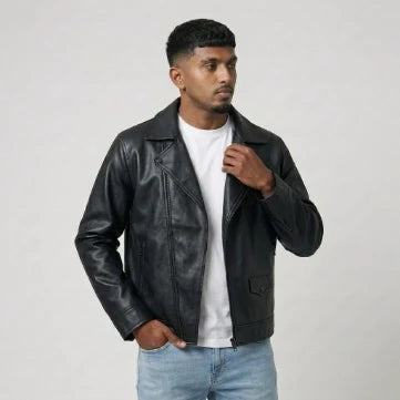 Sowachi Men's Sheepskin Leather Black Biker Style Jacket
