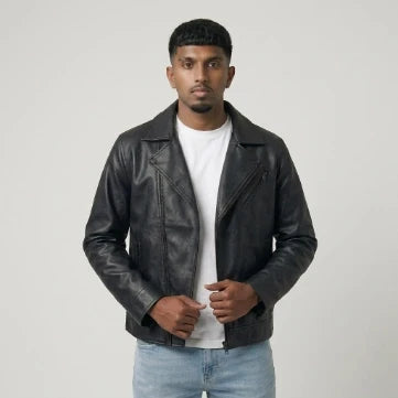Sowachi Men's Sheepskin Leather Black Biker Style Jacket