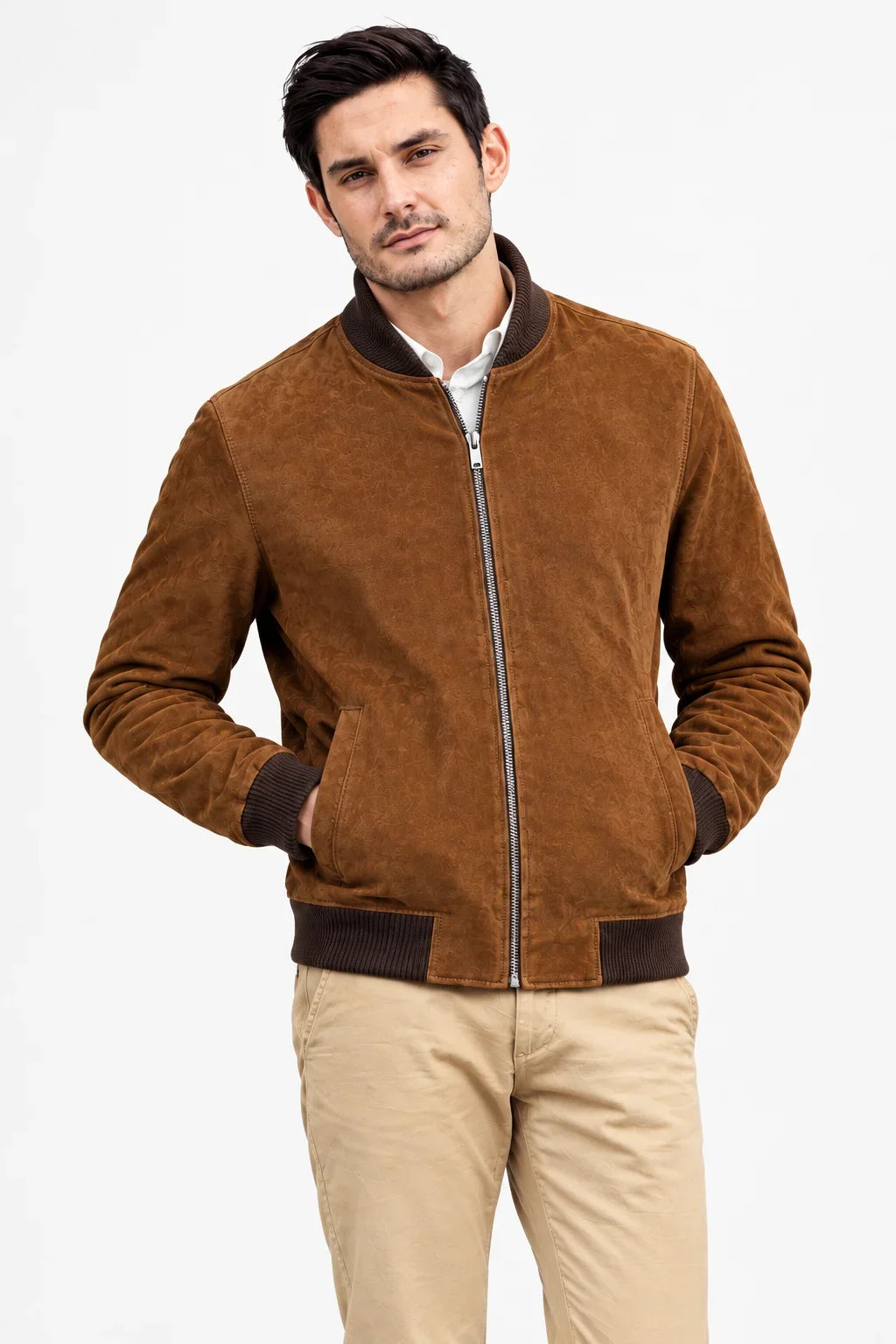 Sowachi Men's Suede Brown Leather Classic Bomber Jacket