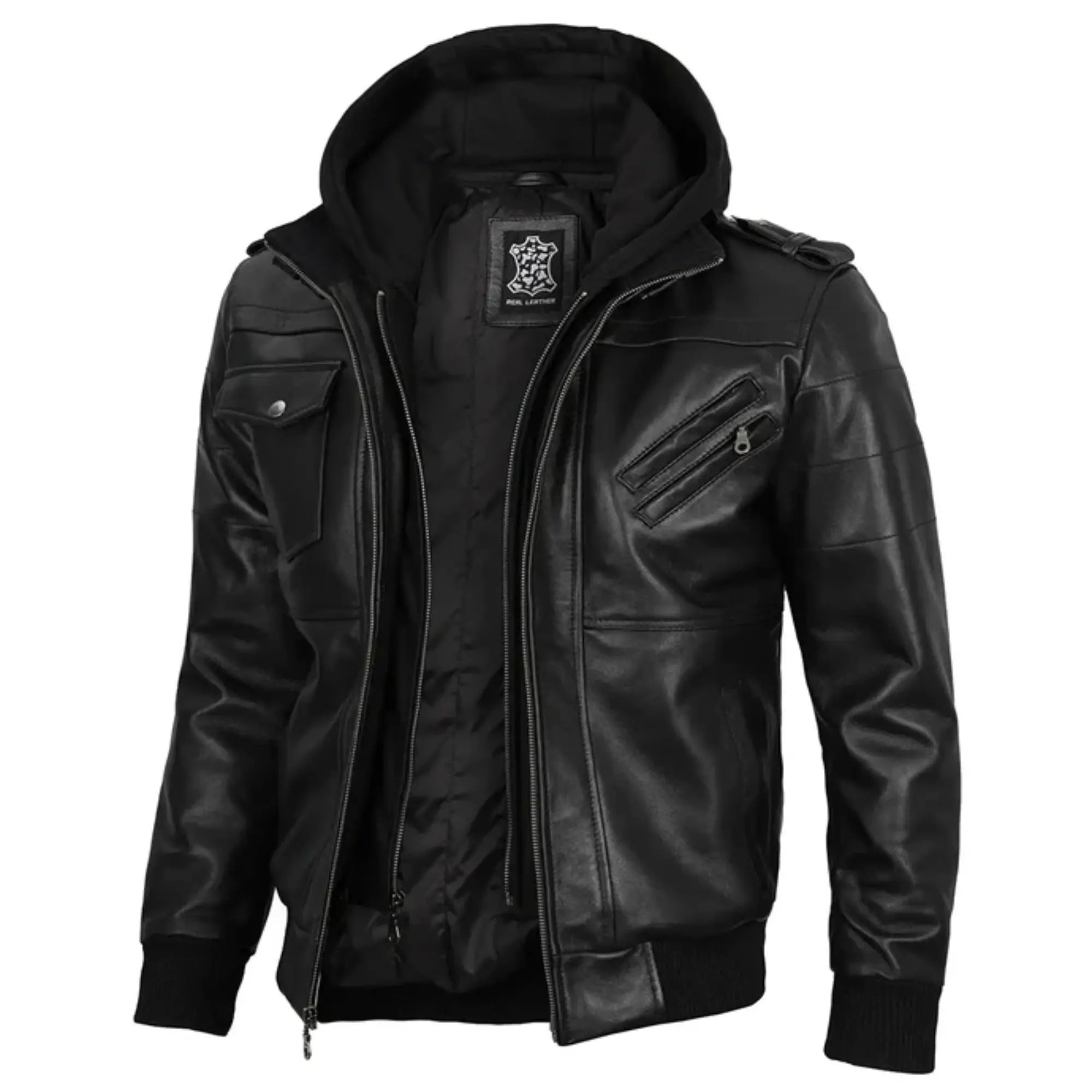 Sowachi Gabriel - Men's Black Bomber Leather Jacket With Removable Hood