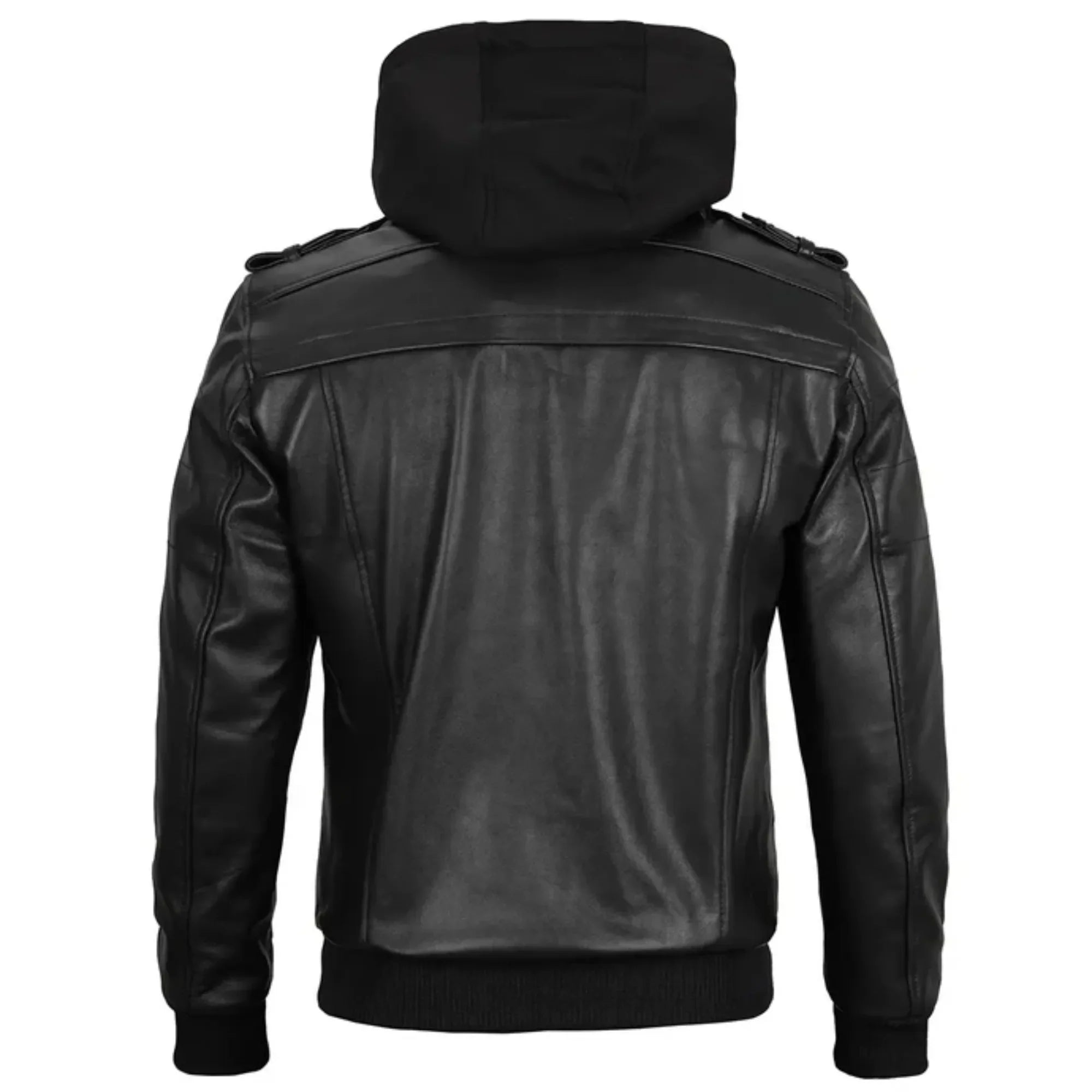 Sowachi Gabriel - Men's Black Bomber Leather Jacket With Removable Hood