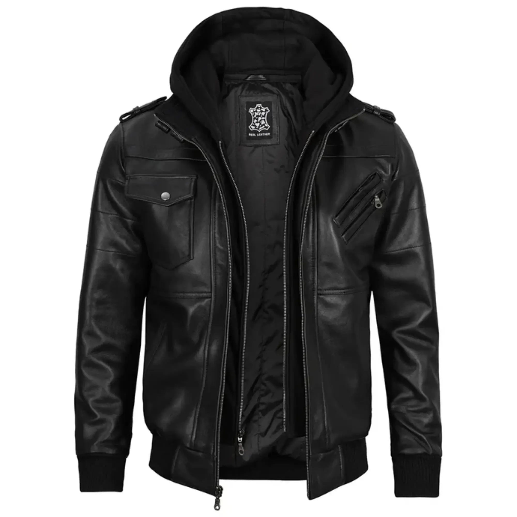 Sowachi Gabriel - Men's Black Bomber Leather Jacket With Removable Hood