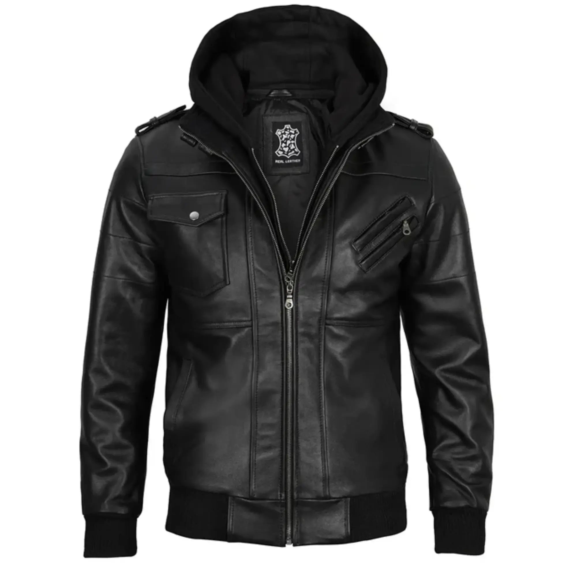 Sowachi Gabriel - Men's Black Bomber Leather Jacket With Removable Hood