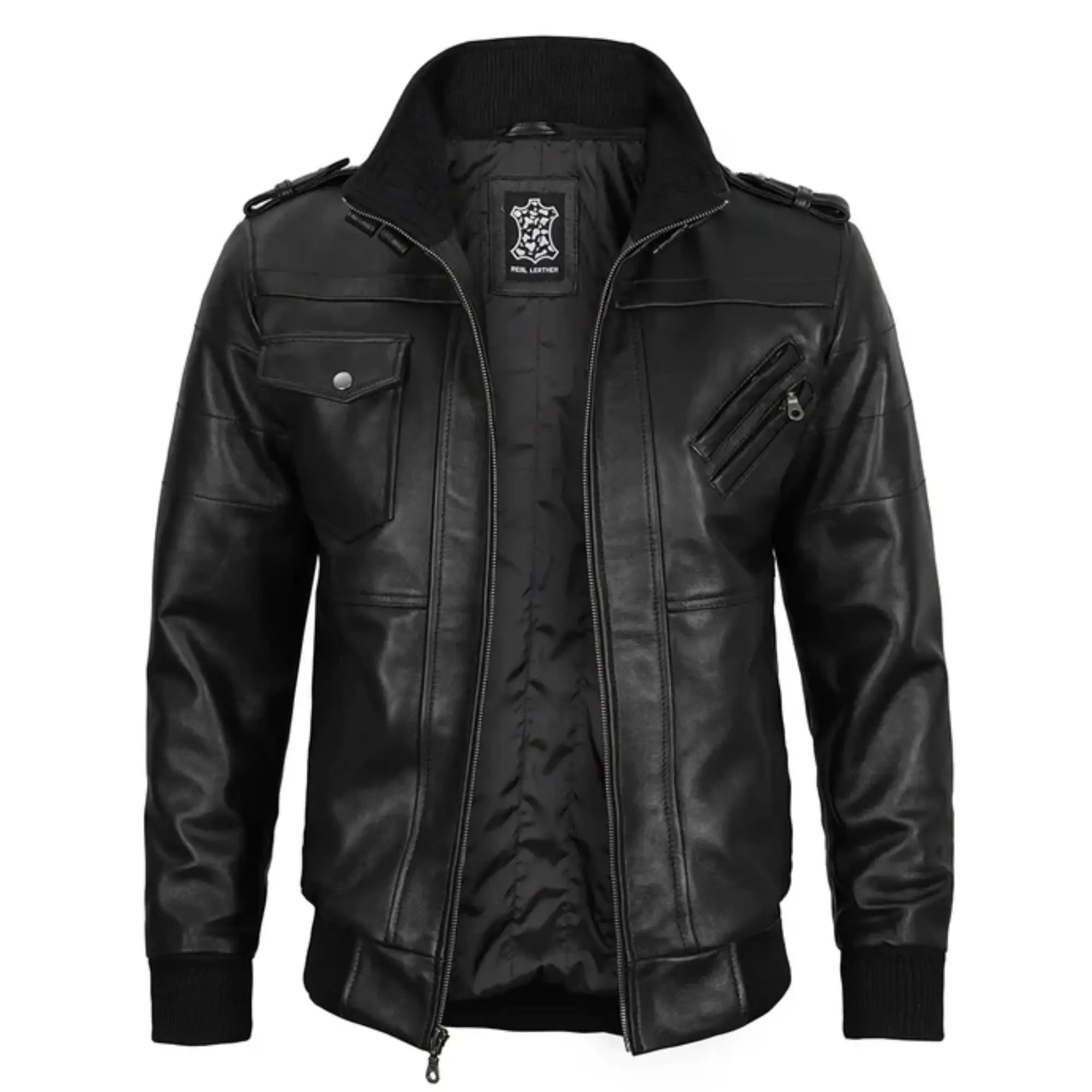 Sowachi Gabriel - Men's Black Bomber Leather Jacket With Removable Hood