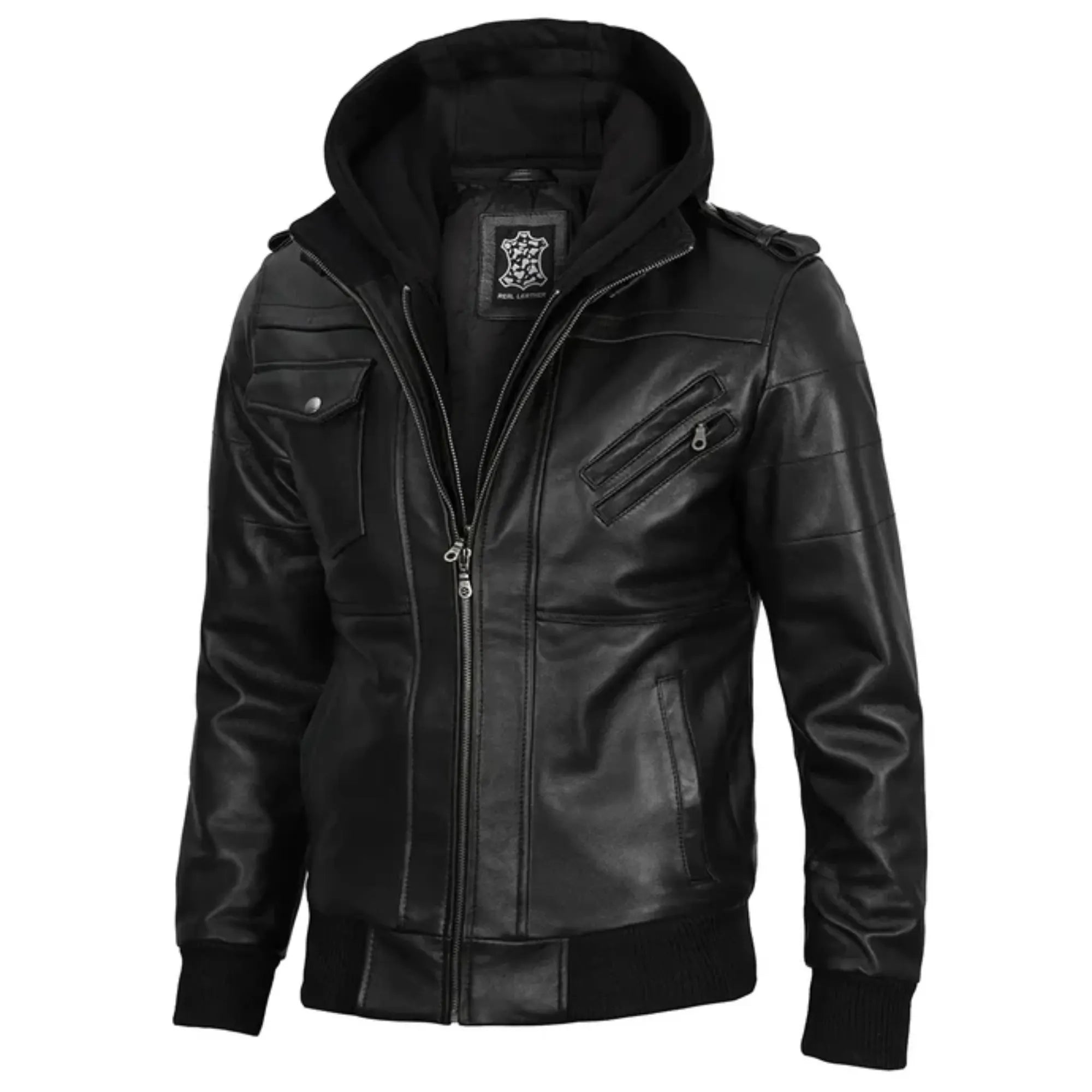 Sowachi Gabriel - Men's Black Bomber Leather Jacket With Removable Hood