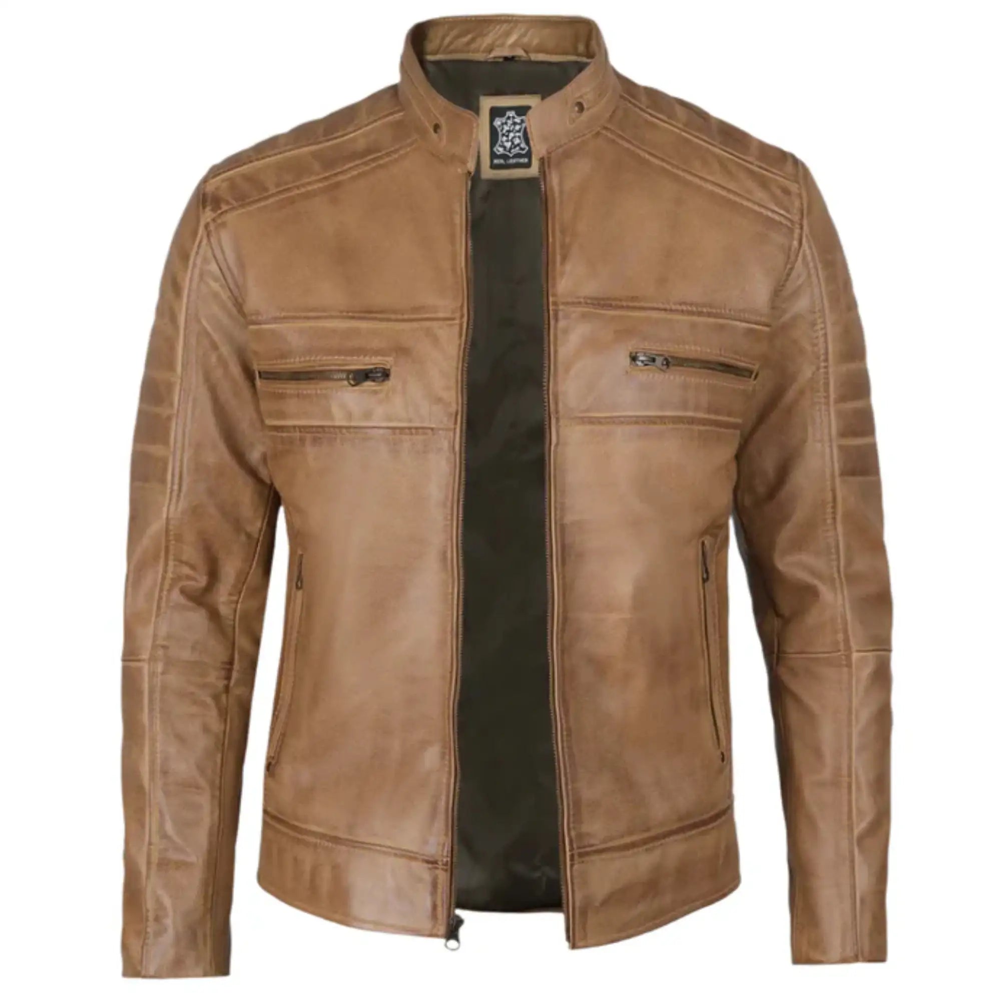 Sowachi Rovian - Men's Distressed Tan Brown Cafe Racer Real Leather Jacket