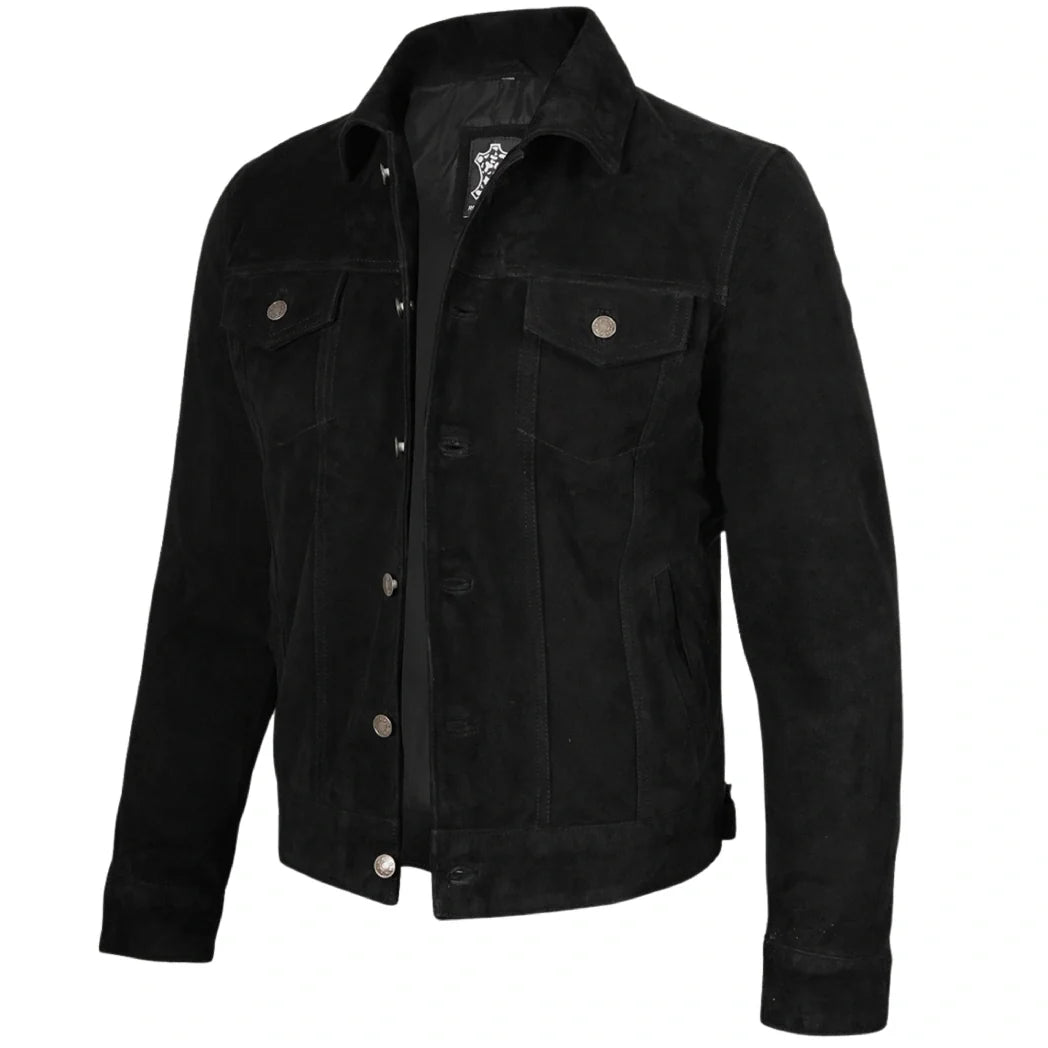 Sowachi Mens Premium Black Suede Trucker Leather Jacket