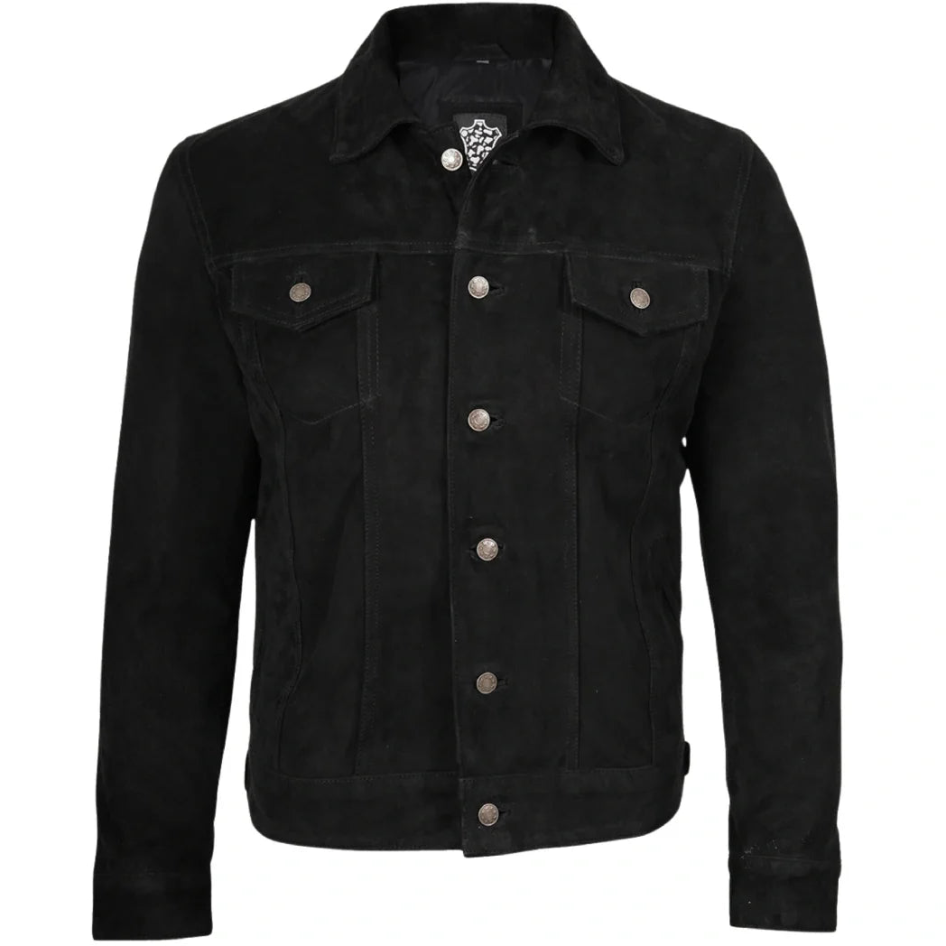 Sowachi Mens Premium Black Suede Trucker Leather Jacket