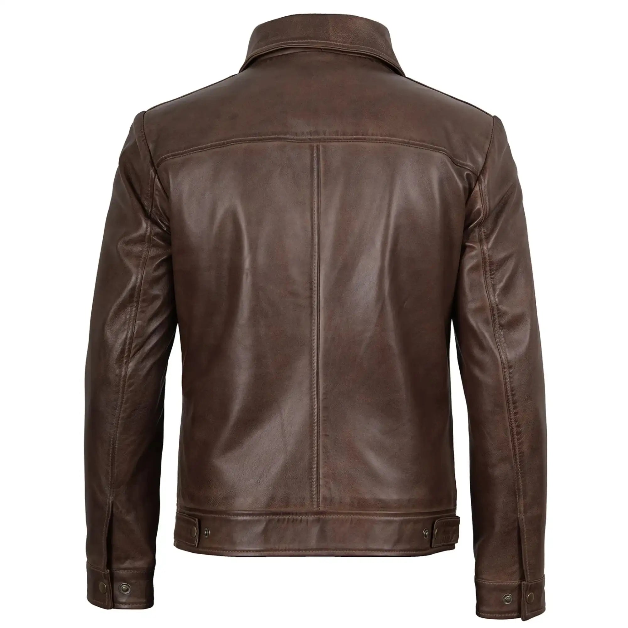 Sowachi Men's Shirt Collar Chocolate Brown Leather Jacket