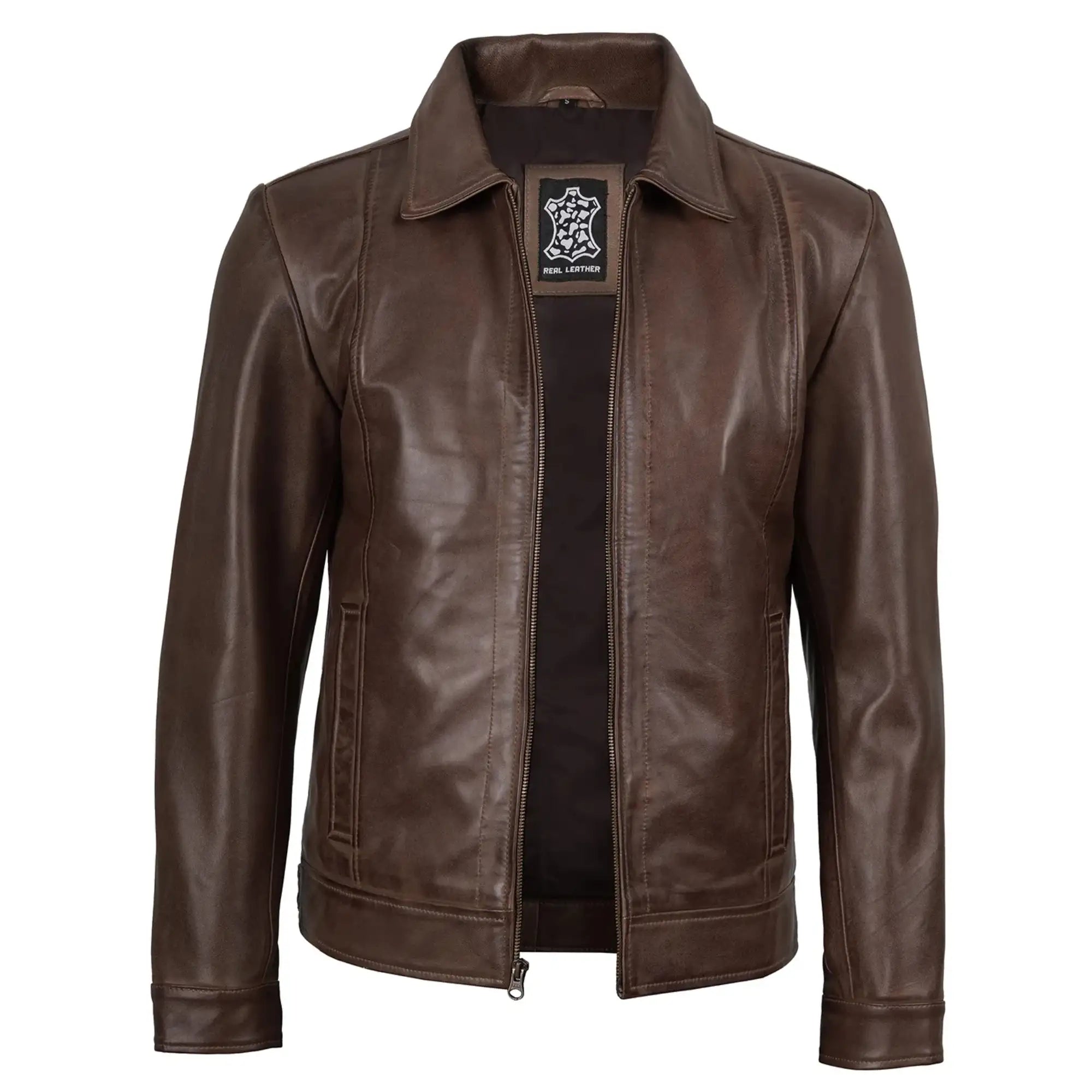 Sowachi Men's Shirt Collar Chocolate Brown Leather Jacket