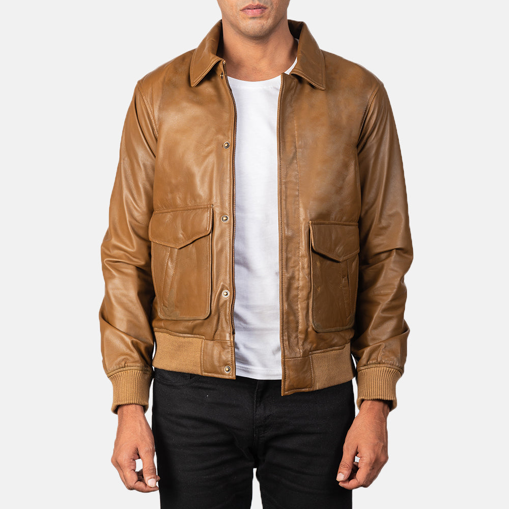 Sowachi Coffmen Olive Brown A2 Leather Bomber Jacket