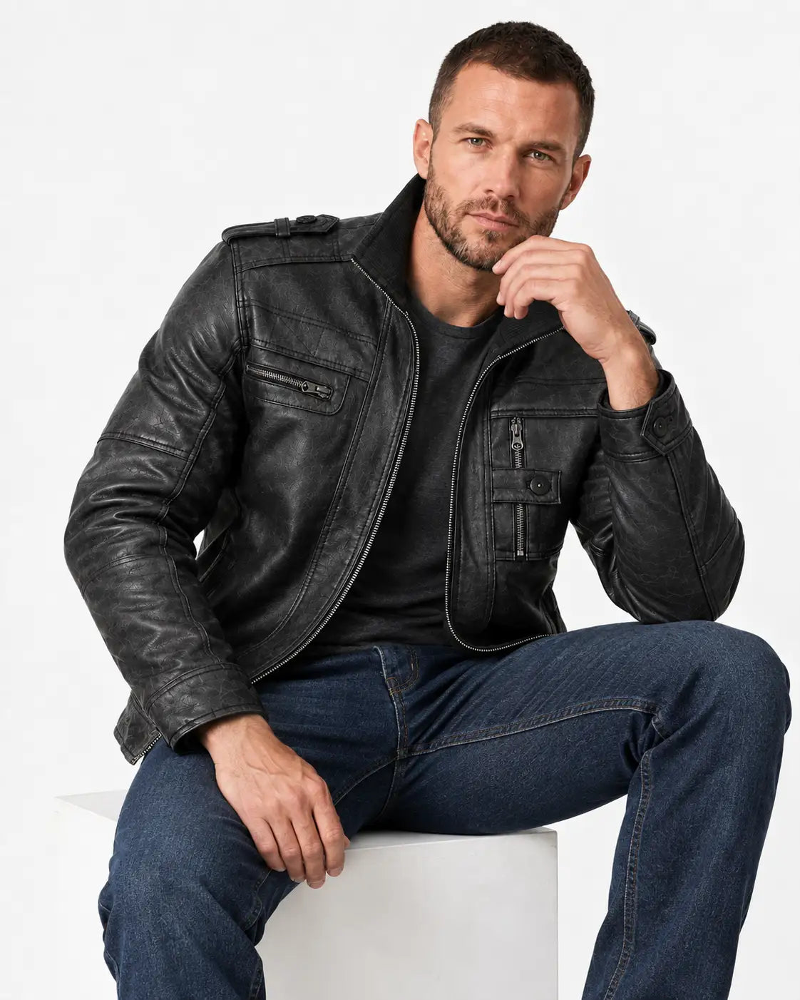 Sowachi Marco - Men's Distressed Black Leather Biker Style Jacket