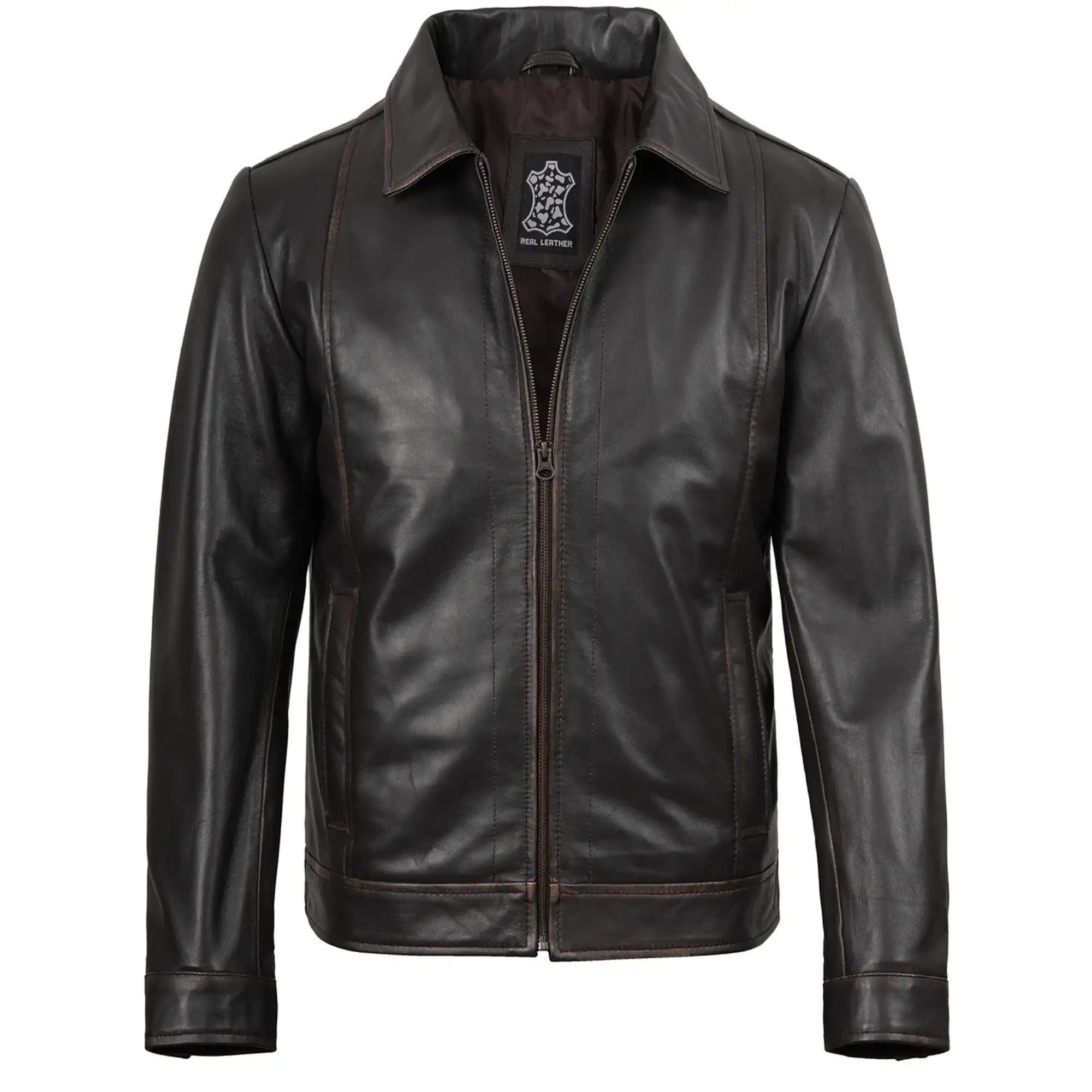 Sowachi Mens Distressed Dark Brown Biker Style Leather Jacket