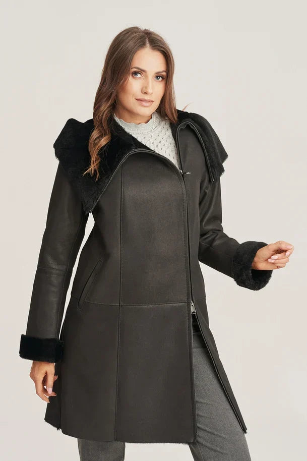 Sowachi Women's Shearling Black Leather Coat with Hood