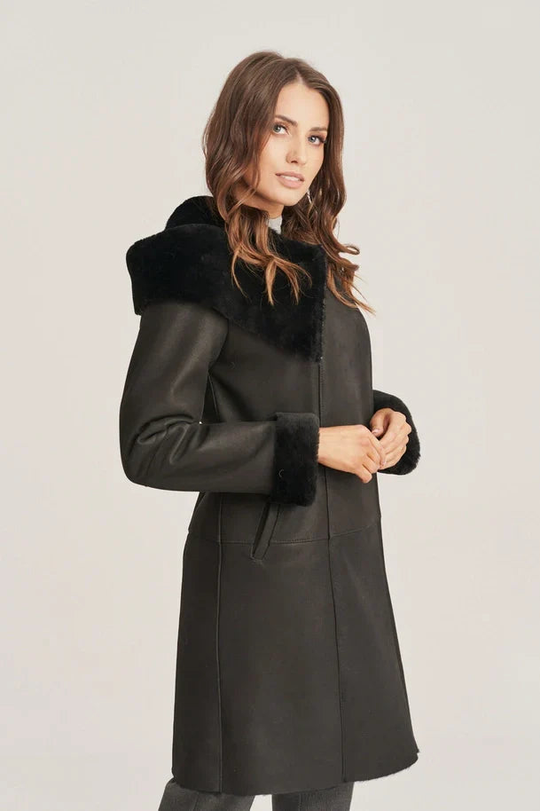 Sowachi Women's Shearling Black Leather Coat with Hood