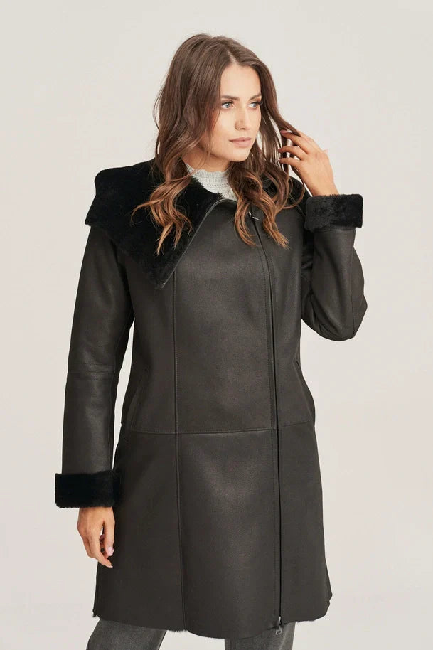 Sowachi Women's Shearling Black Leather Coat with Hood